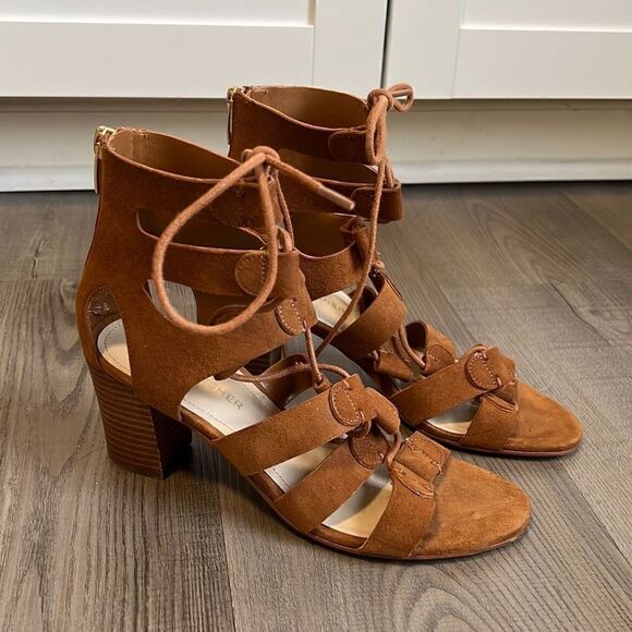 Marc Fisher Suede Lace-up Block Heel Sandals: Paradox Cognac Size 6 - Picture 3 of 11